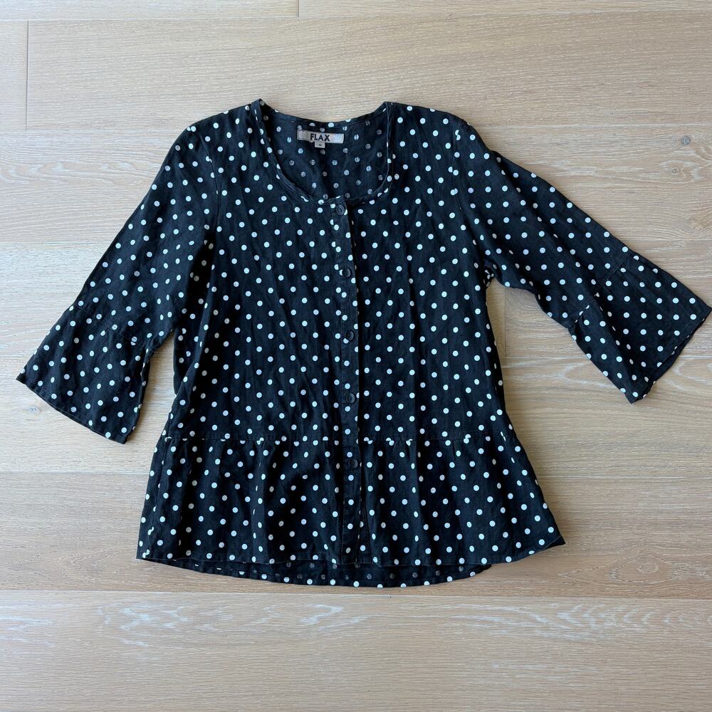 FLAX Linen Black White Polka Dot Peplum Button Down Tunic Blouse Small
